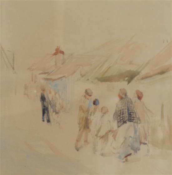 Madeline Green (1884-1949) three watercolours, figure studies, Boswells 1953 exhibition labels verso LARGEST 27 X 21cm.